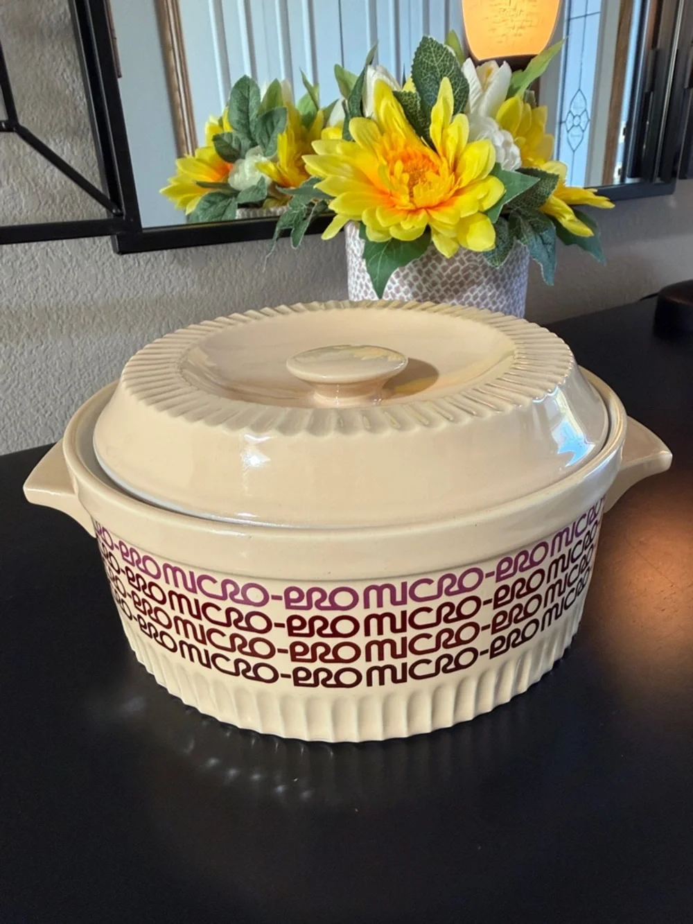 Vintage 1980’s Ceramic Covered Casserole - Cream with Purple Accent